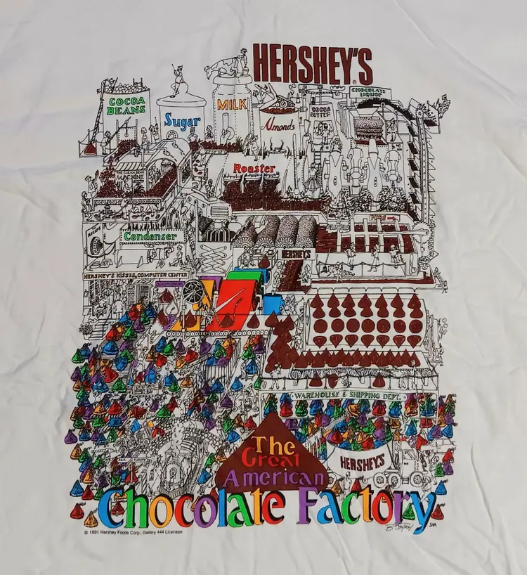 Vintage 90’s Hershey Chocolate Factory t-shirt Drawn Art Promotional NWOT Sz XL