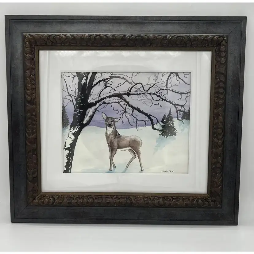 Original Artwork Watercolor Painting Framed Matted Signed Art Winter Snow Deer Doe Trees