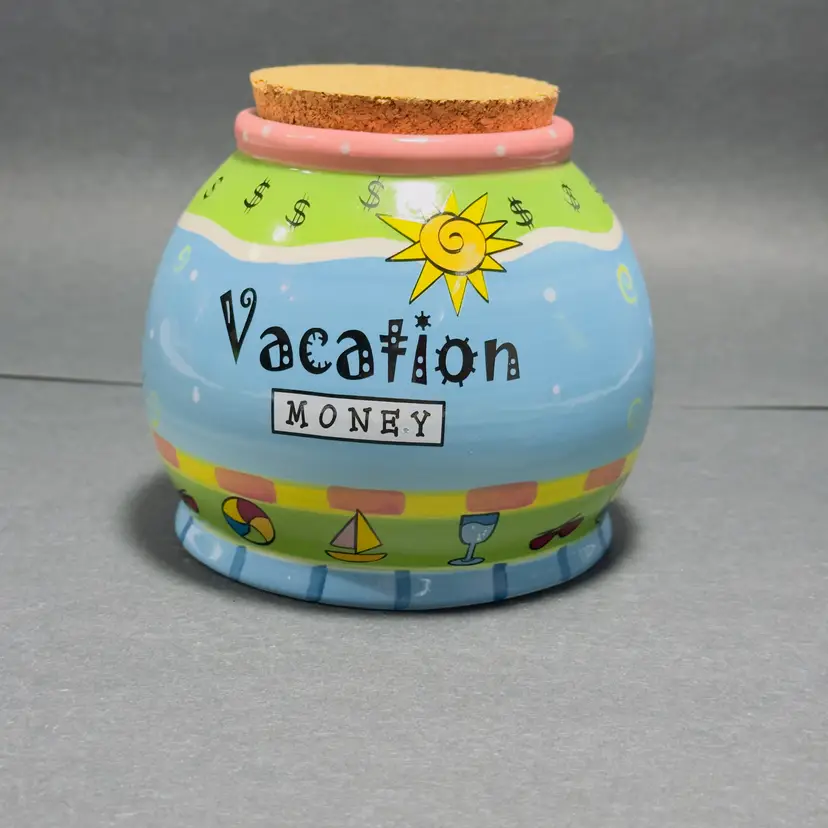 #1259 Bella Casa by Ganz, Ceramic Cash Jar, Coin Bank, "Vacation Money" With Cork Lid