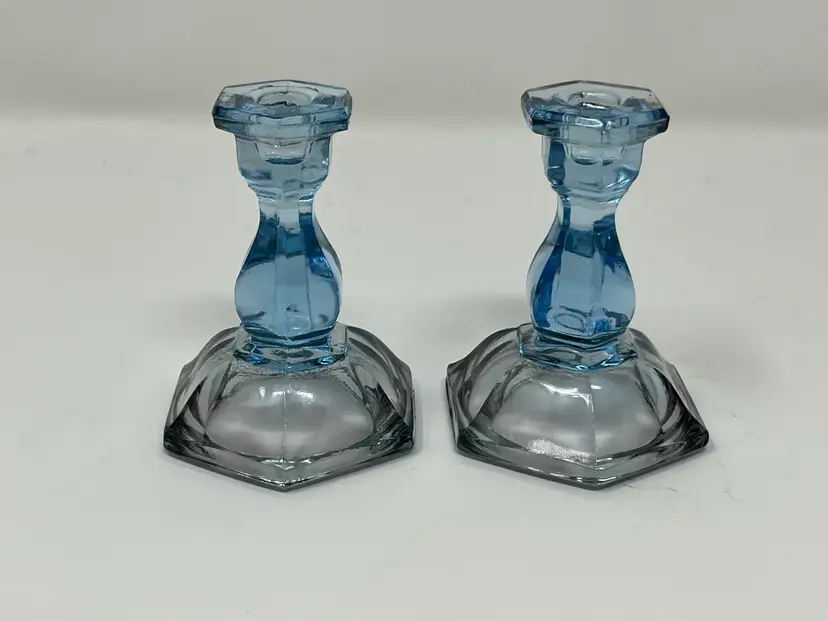 Vintage Tiara by Indiana Glass Mini Candlestick Holders PAIR Gray/Green/Blue 3"