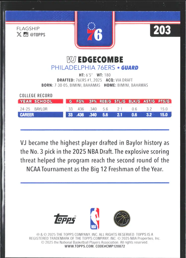 VJ Edgecombe 2025 Topps 76ers Rookie Basketball Card RC