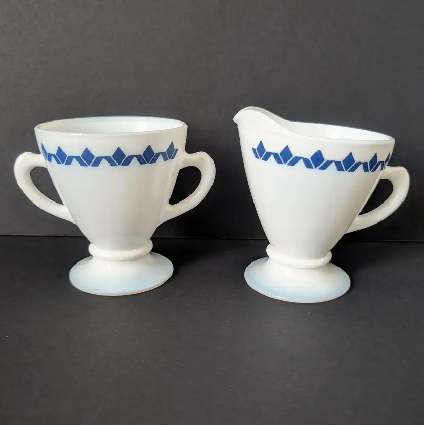 Vintage Hazel Atlas Fired On Diamonds Blue and White Creamer and Open Sugar HTF