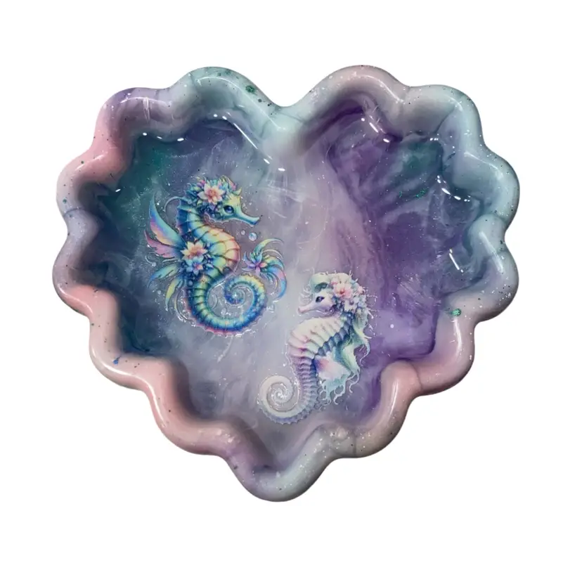 Purple And Green Handmade Sea Horse Heart Shaped Trinket Tray