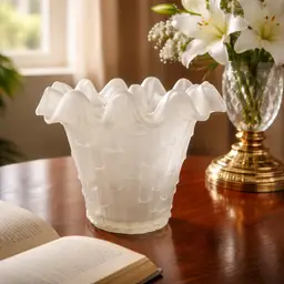 Vtg Italian Art Glass Vase, Frosted White Finish, Ruffled Edge & Bamboo Patern