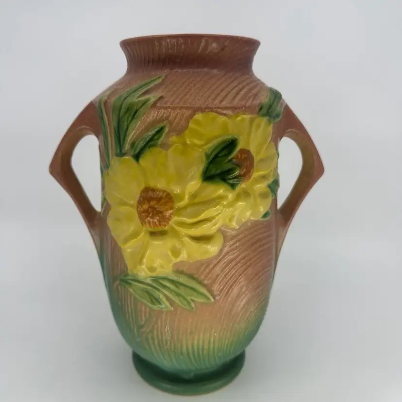 Vintage 1930s Roseville Art Pottery Pink Peony Double Handled Vase 65-9