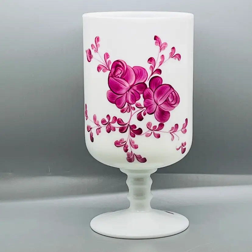 Italian White Opaline Hand Painted Folk Floral Design Apothecary Jar Vase