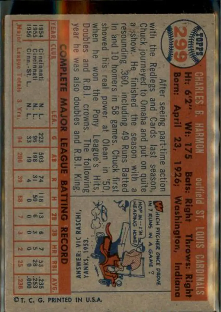 1957 Topps #299 Chuck Harmon - ( pk1 ) - St. Louis Cardinals