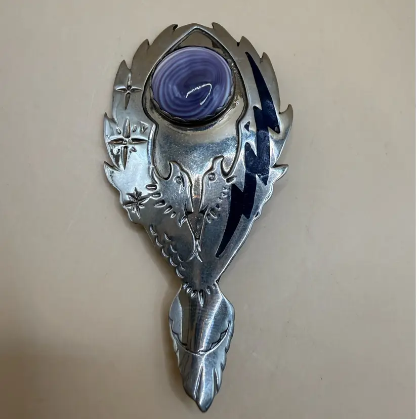Lakota Unmarked Sterling Two Eagles Natural Stone Brooch Pin 3”