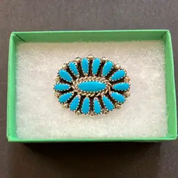 Turquoise Silver Oval Petit Point Brooch Pin Marked Sterling HB
