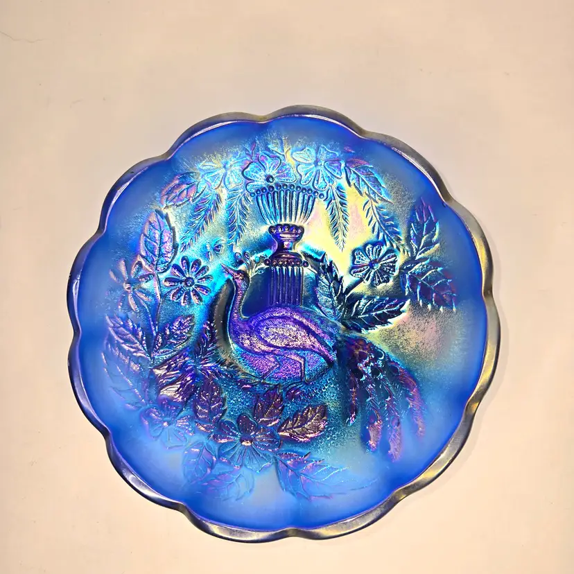 165  Antique Northwood Sauce/Ice Cream Bowl Electric Blue Peacock & Urn