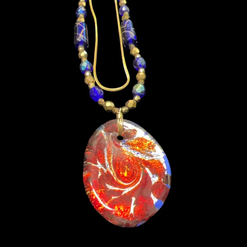 Double Strand Gold Tone Chain And AB Facetted Beads Red White And Blue Murano Glass Beads. 2” Murano Dichroic Glass Pendant , Stamped “Murano”. Memorial Day, Flag, USA, Patriotic Approx. 20” Long