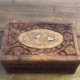 Hand Carved Box With Inlaid Brass Leaf