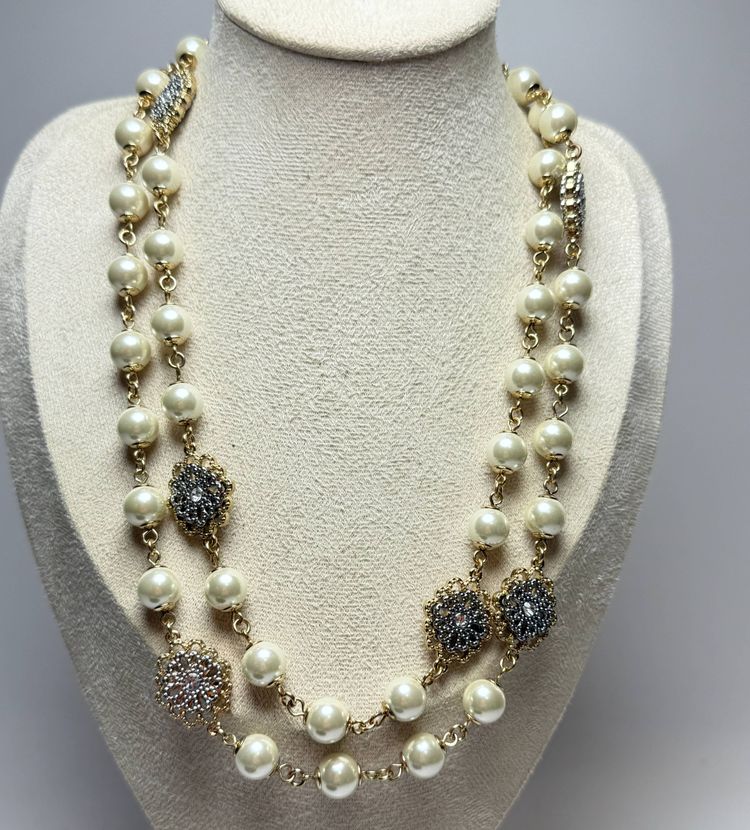 Charter Club Two Tone 42" Heavy Faux Pearl Station Necklace Filigree Floral Nice