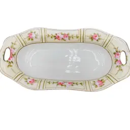 Antique Hand-Painted Nippon Dish, Reticulated Handles, Pink Flora, Green & Gold