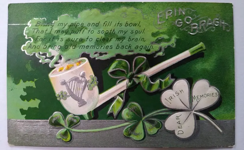 St Patrick's Day Postcard Dear Irish Memories Silver Harp Pipe Clovers Embossed