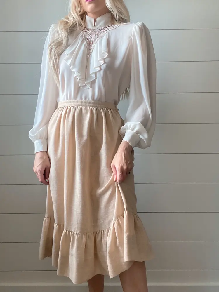 Romantic Cotton Ruffled Skirt In Beige