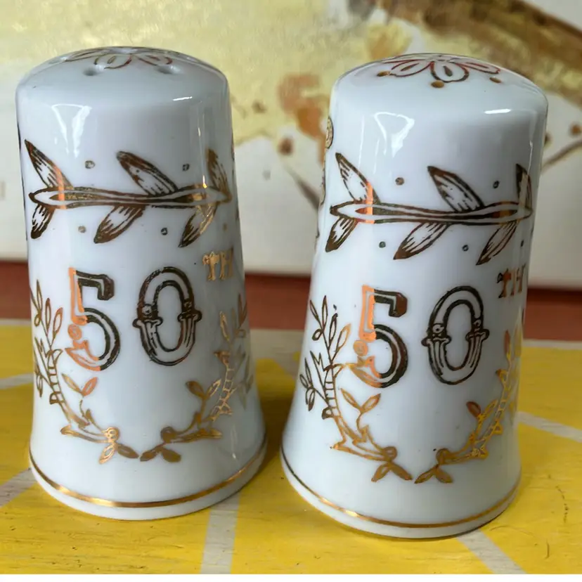 Lefton 50th Anniversary S&P Shakers With Stickers & Stoppers