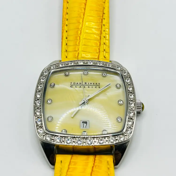 Joan Rivers Classics Wristwatch w/Crystal Rhinestones, Square Face, Yellow Band