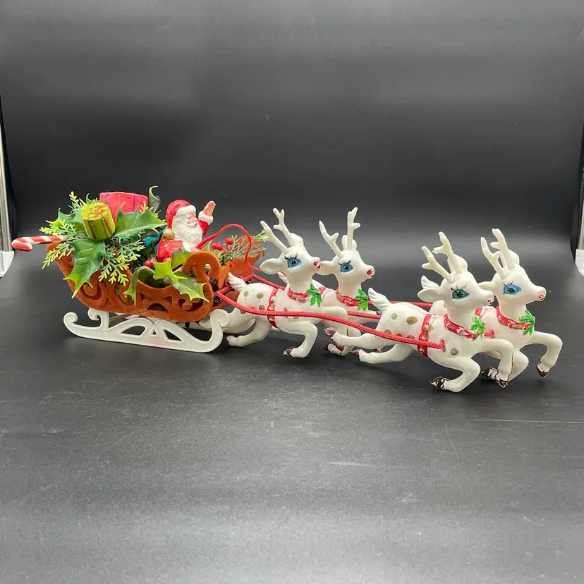 Blow Mold Waving Santa and Reindeer Flocked Sleigh Kitsch Kitschy Christmas VTG