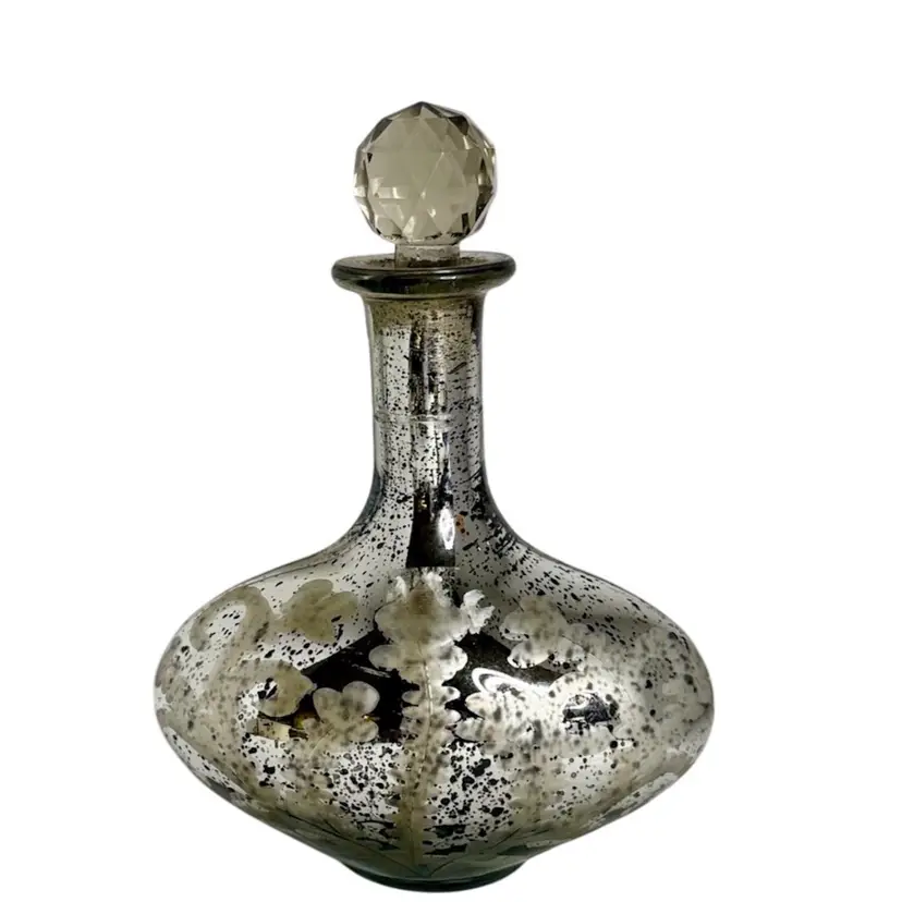 Etched Mercury Glass Decanter•shelf Art Bottle W/Stopper• Decorative Only
10-1/2” T x 7-1/2” W