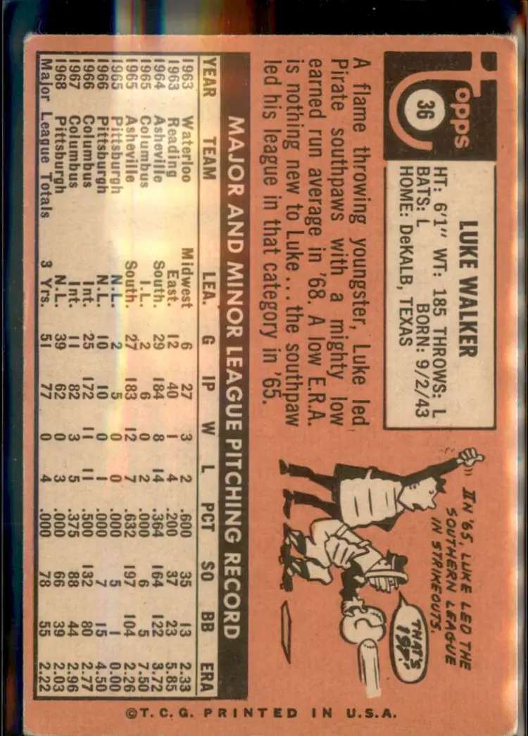 1969 Topps #36 Luke Walker - (pk3) - Pittsburgh Pirates