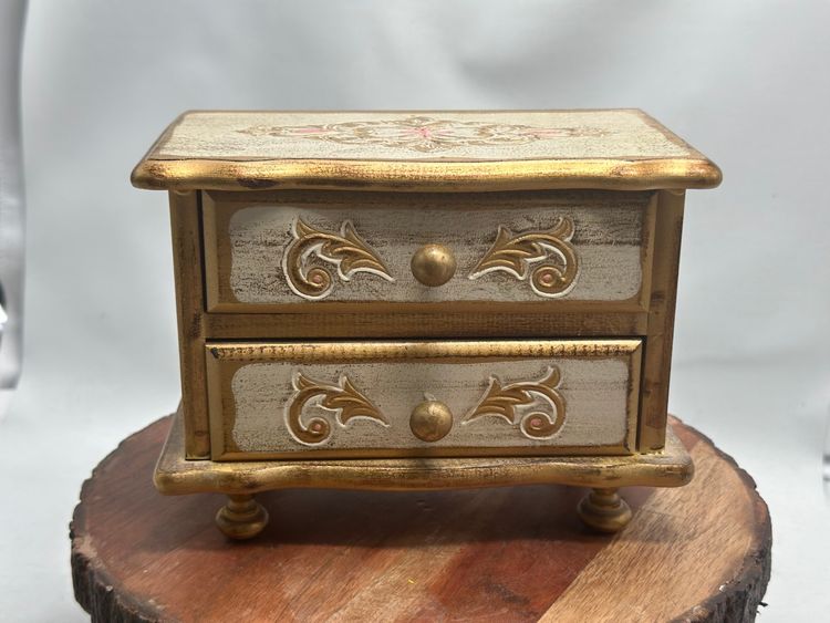 Vintage Florentine Wooden Velvet Lined Musical 2 Drawer Jewelry Box Made In Japan