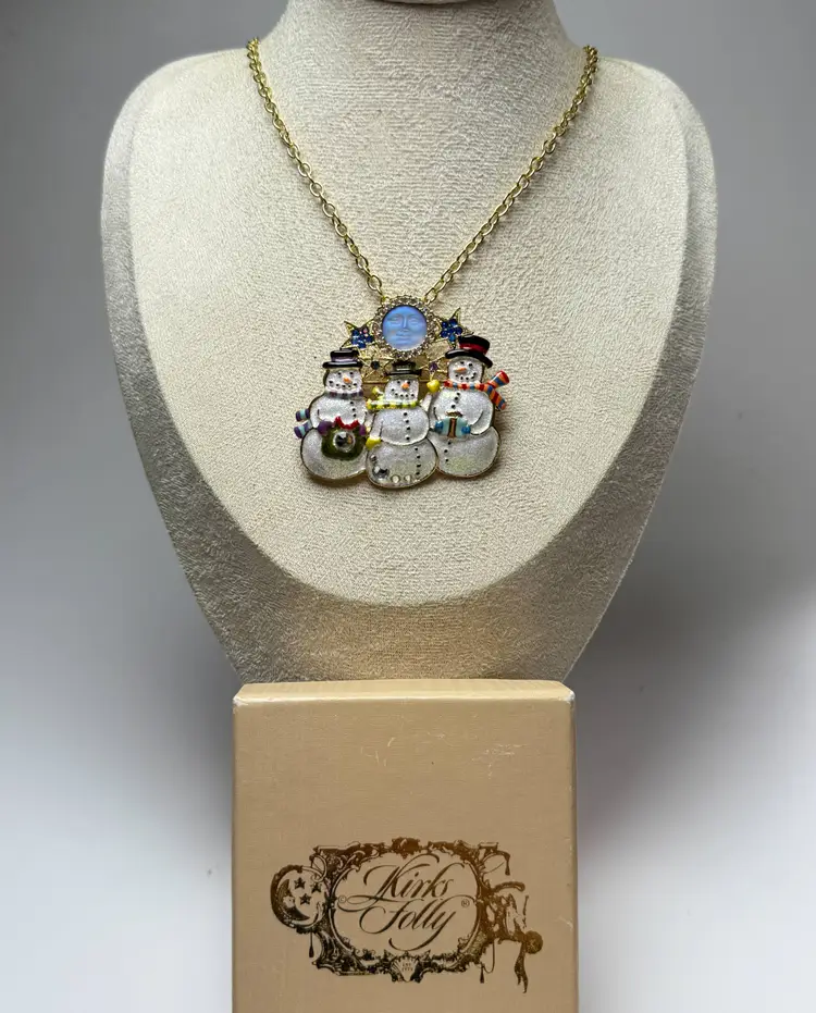 Kirk's Folly Seaview Moon Snowmen Carolers Pendant Brooch 20" Gold Tone Chain