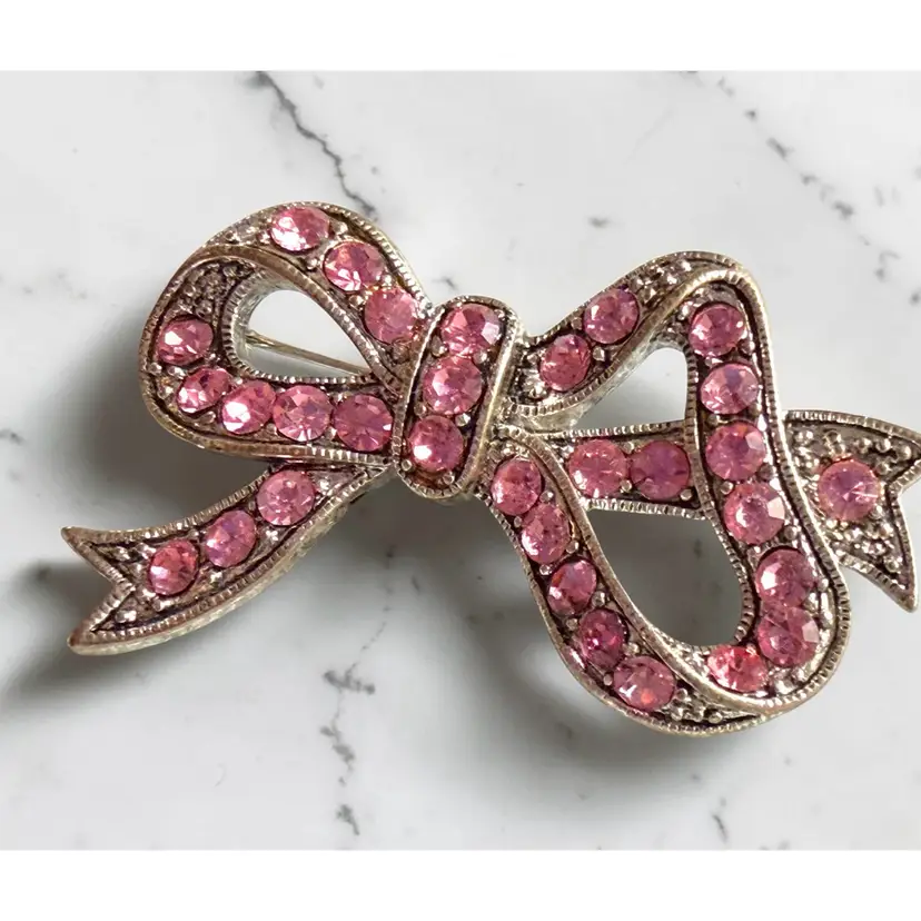 Pink Rhinestone Silver Tone Ribbon Brooch - 2.25” x 1.25”