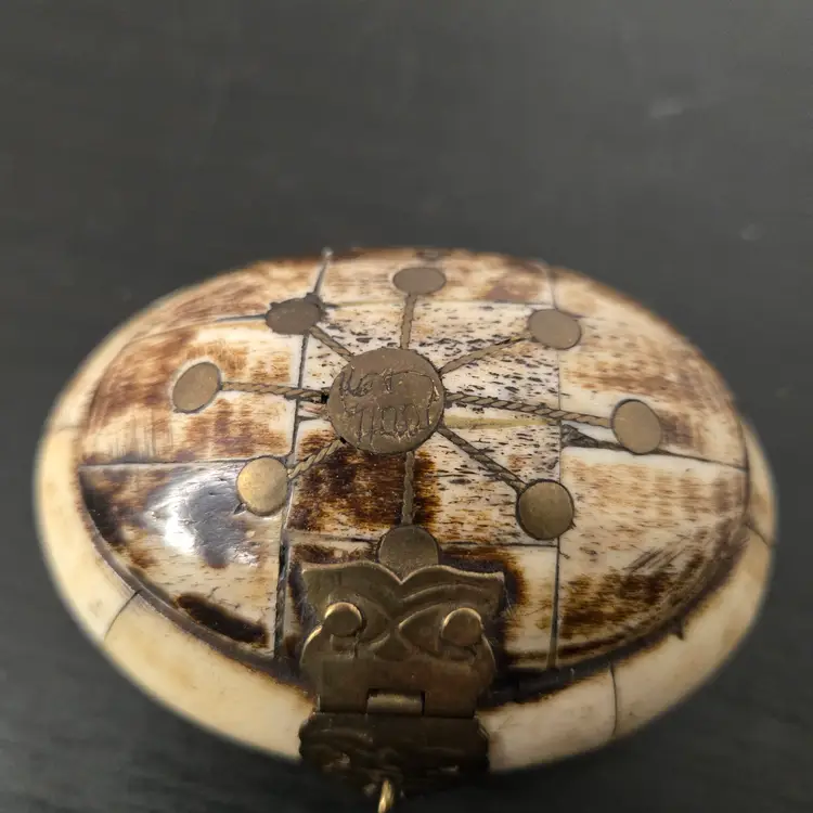 Antique Camel Bone Trinket Box w/ Inlaid Brass Elephant Design India