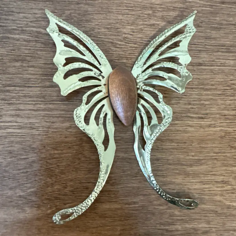 Vintage Set Of 3 MCM Brass Gold & Wood Swallowtail Butterflies Wall Mount