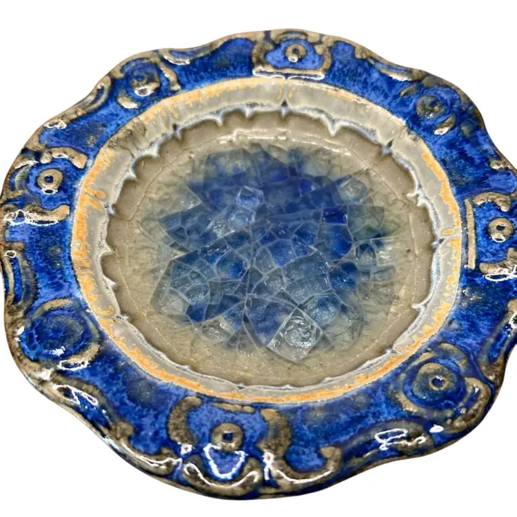 Crackle Glass Glazed Stoneware Pottery Trinket Dish @6” Diameter Some Hairline Crack On Back