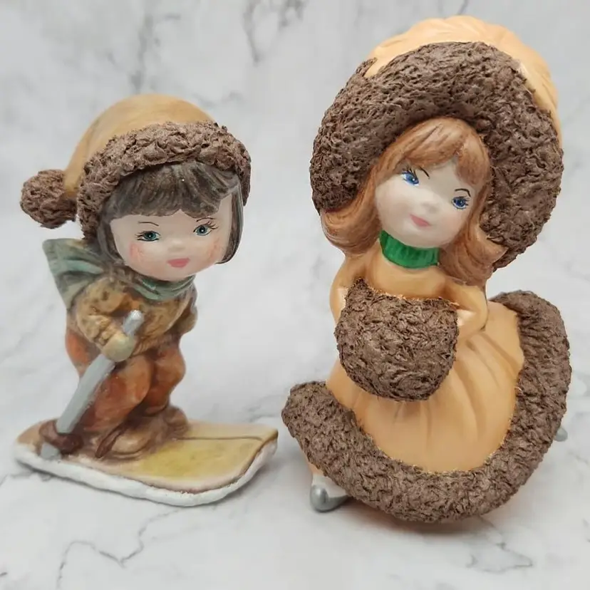 Vintage Hand Painted Winter Ceramic Figurines, 1981