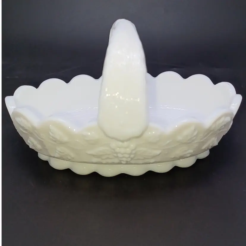 Westmorland Glass Paneled Grape Vintage Milk Glass Small Basket, Candy Dish 50s