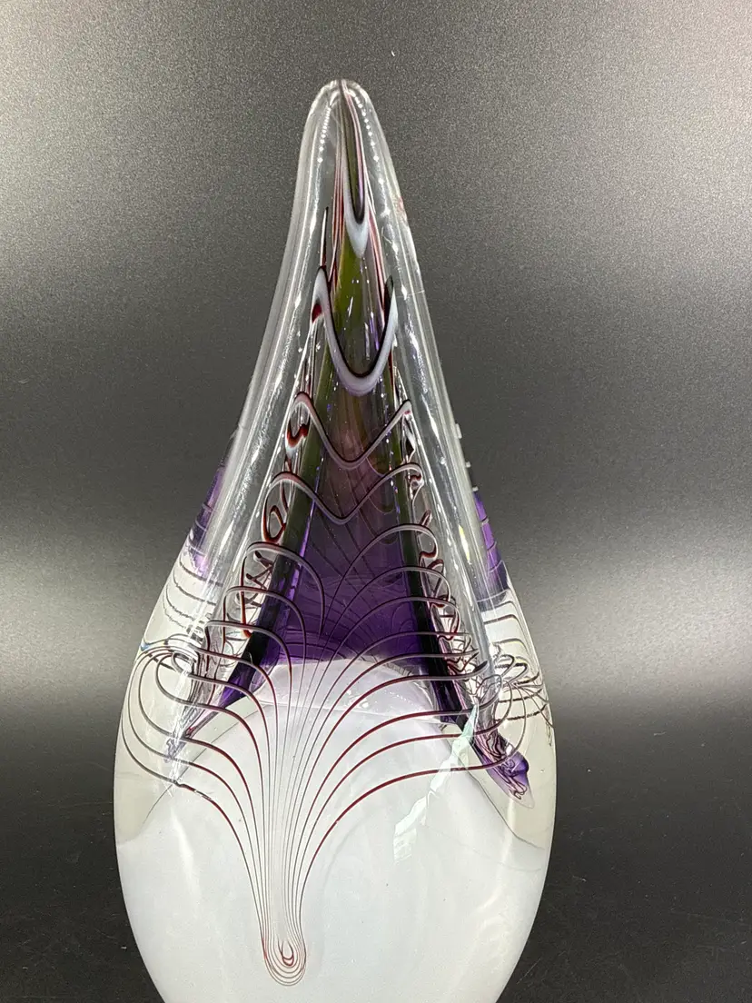Signed Adam Jablonski Purple White Swirled 8.5" Teardrop Paperweight