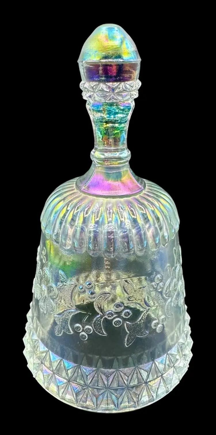 Vintage Pressed Glass Bell Iridescent Clear Floral Decorative Collectible 5.75”