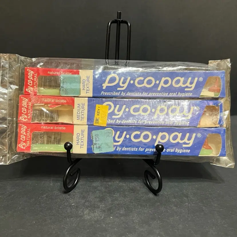 MARKDOWN! Set Of 3 Py-co-pay Natural Bristle Toothbrush With Rubber Gum Tip NOS, 2 Hard, 1 Medium