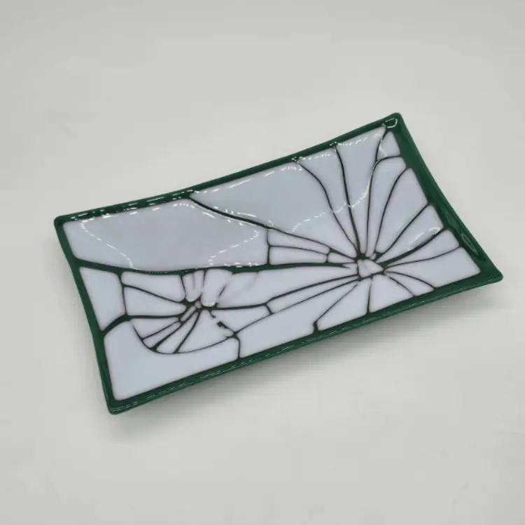 White and Green Fused Glass Rectangle Dish