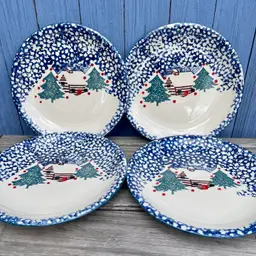 Folk Craft by Tienshan, Cabin in the Snow Spongeware Dinner Plates, Set of 4