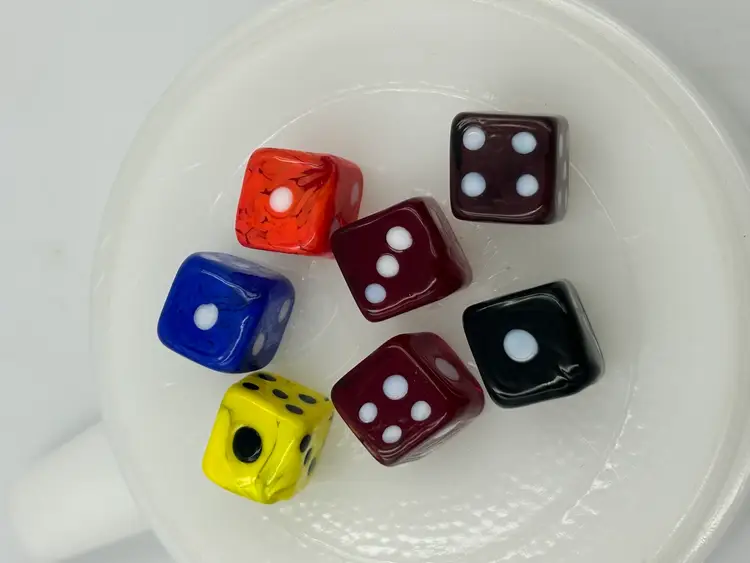7 Art Glass Dice Yellow, Red Blue Green Orange Black