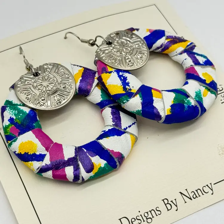 Vintage 1980’s Hand Made Dangle Earrings Leather Metal Mixed Material Retro OOAK