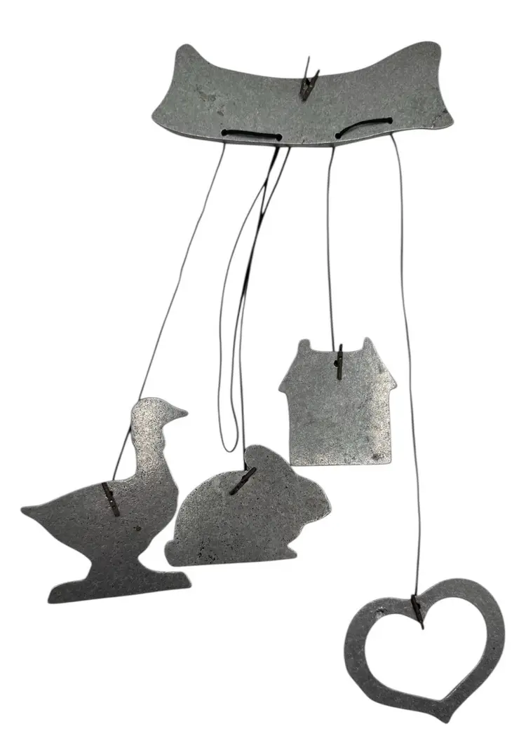 Silver Tone Metal Wind Chime Hanging Duck Rabbit House Welcome Heart Cottagecore
