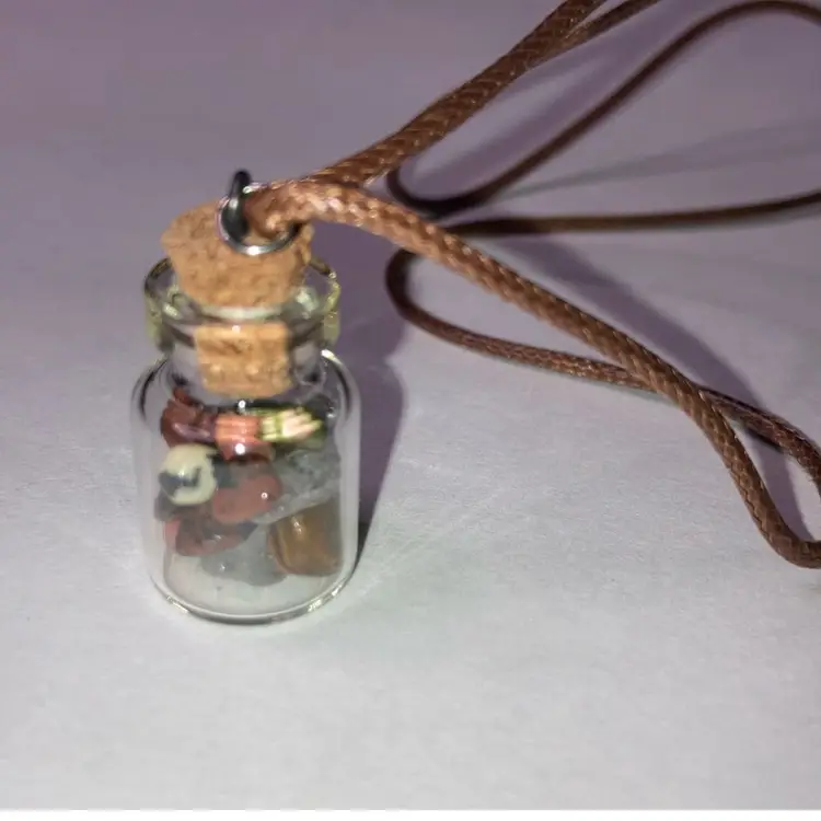 1” Tall Glass Bottle Variety Of Gemstones On A Brown 18” Cord Plus A 2” Extender! 18 Stones!