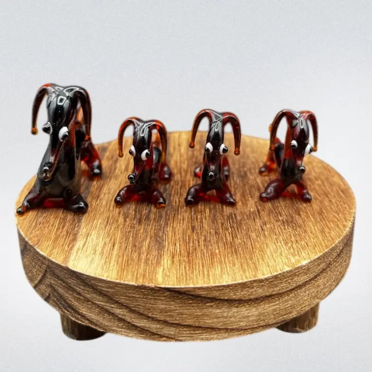 #236B Blown Glass Miniature Dachshund/Weenie Dog Family. Brown/Amber With Big Eyes.
Set Of Four Mother And Three Puppies