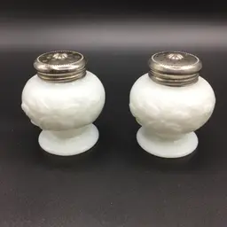 Milk Glass Salt Pepper Shakers Embossed Floral Pedestal Original Metal Lids