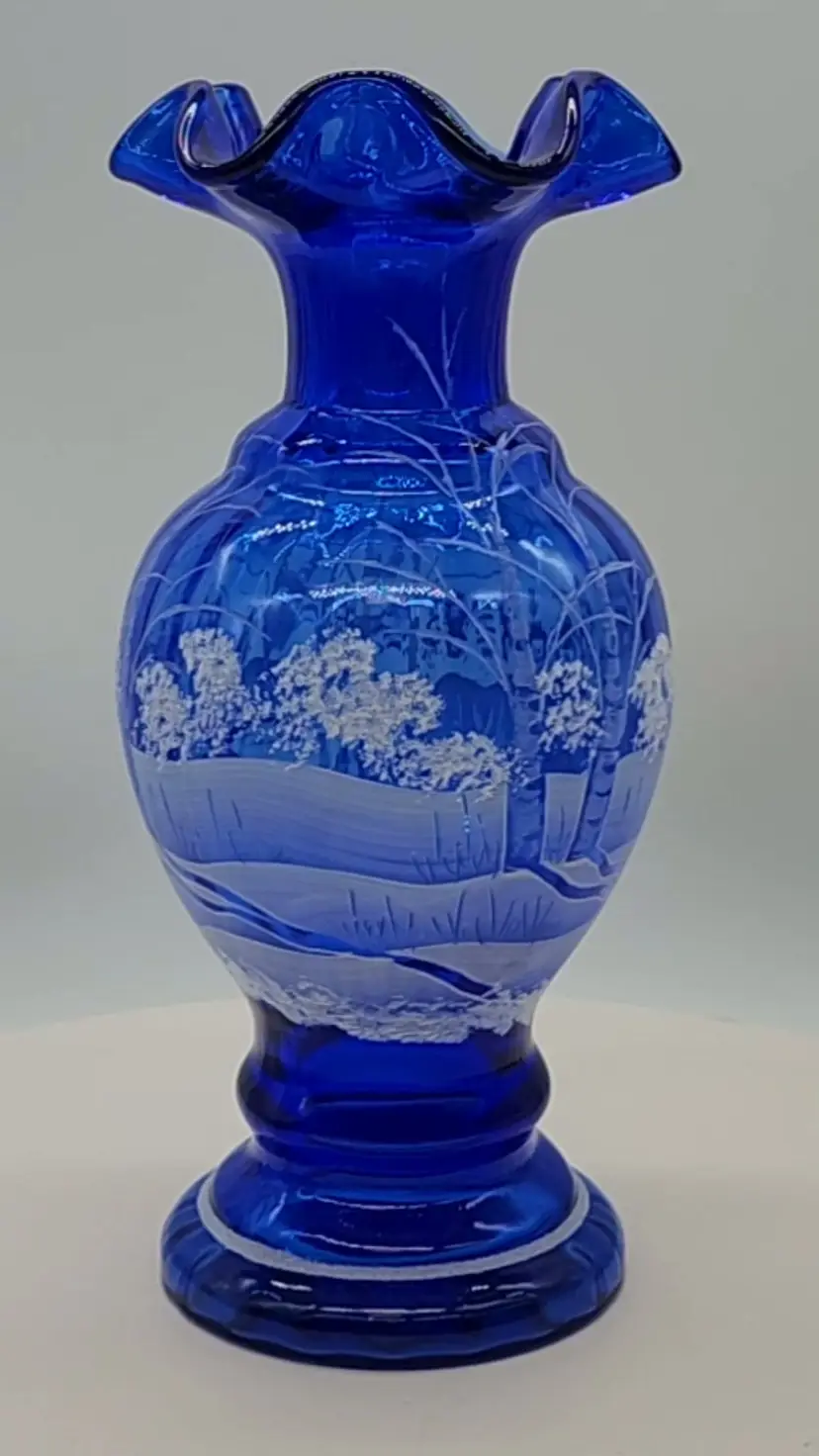 VINTAGE FENTON COBALT BLUE WINTER HUSH VASE HANDPAINTED SIGNED