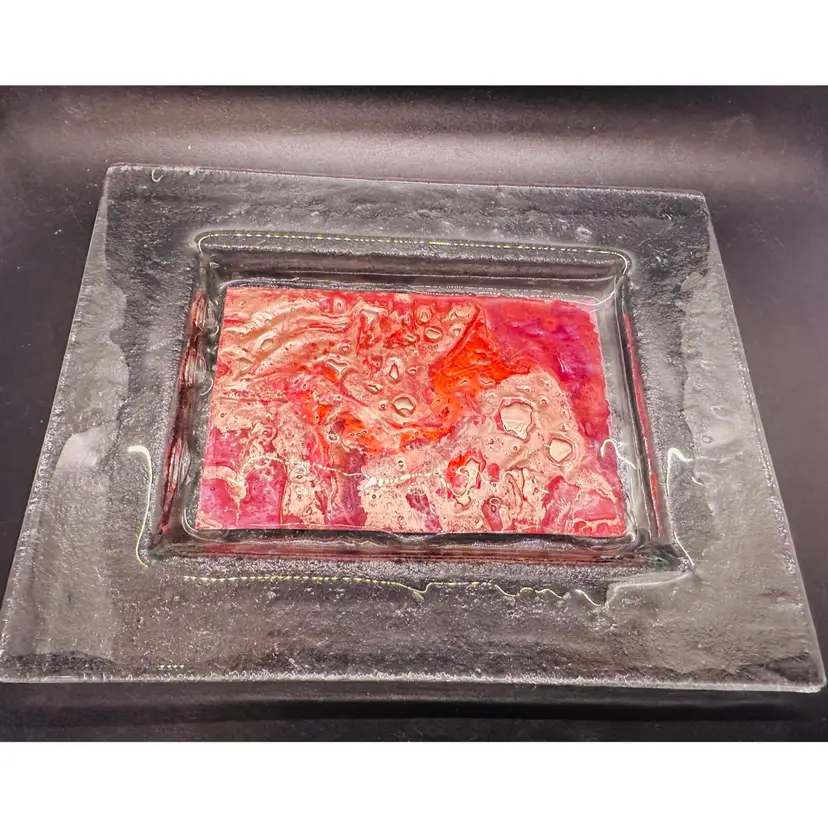 94. VTG Artisan-crafted fused art glass dish. Features red and copper abstract design.