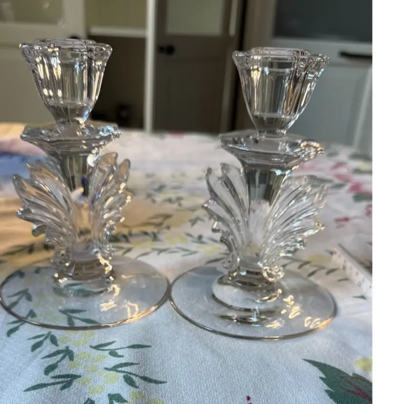 Vintage Pair Fostoria Baroque #2496 Crystal Candlestick Holders - Art Deco Flame Design