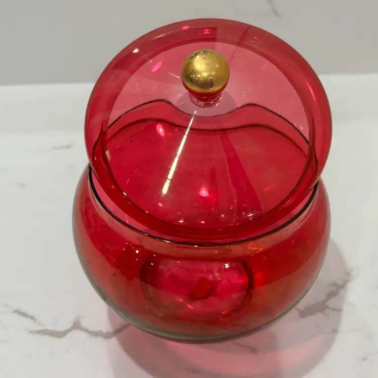 Vintage Cranberry Pink Flashed Lidded Candy Bowl With Original Rainbow Sticker.  6.5” T