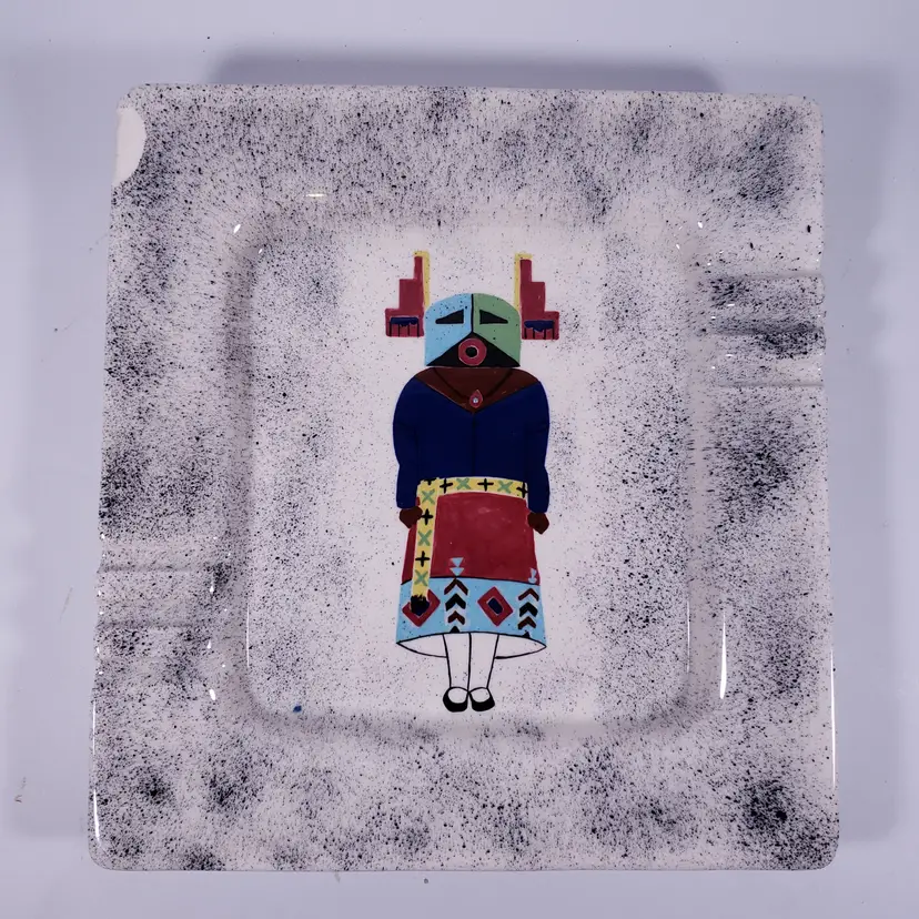 Vintage KACHINA Tribal Speckled Black Hand Painted Ceramic ASHTRAY TRINKET DISH