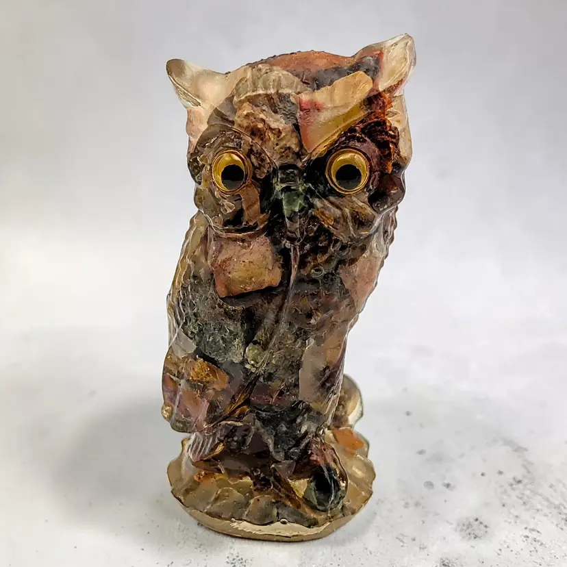 Vintage Lucite Vomit Art Owl Petrified Wood Figurine 70s